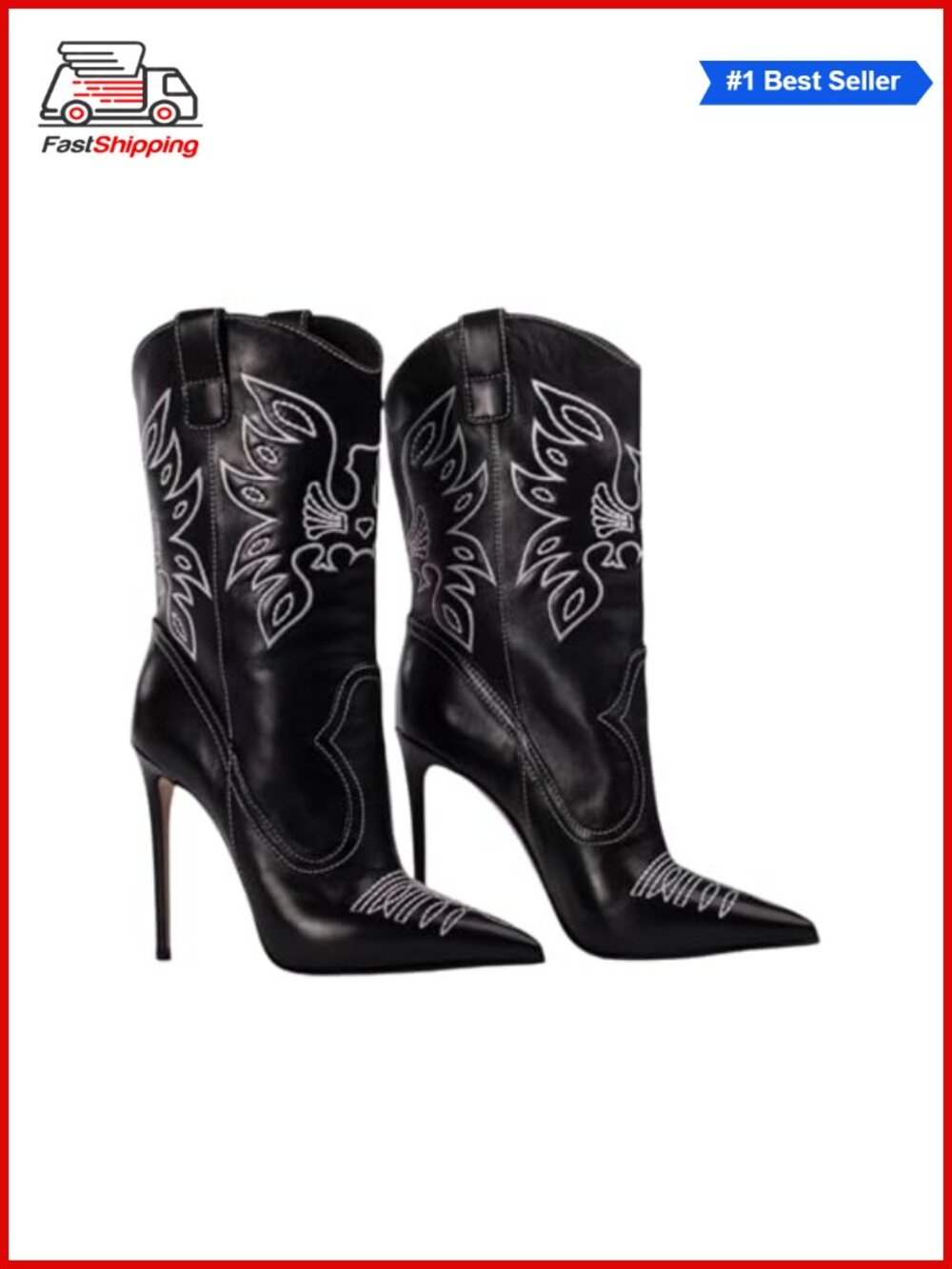 ✨ Embroidered Western Cowboy Stiletto Heel Boots Pointed Toe Pull-Up Mid-Calf